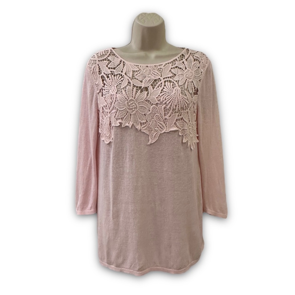 J. Jill XS Blush Pink Linen Blend Embroidered Collar Chest Lightweight Sweater